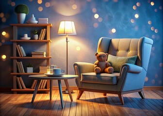 Cozy 3D Illustrated Living Room Design for a Relaxing Home Atmosphere with Books and Toys