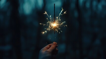 A bright sparkler held aloft, sending out trails of silver sparks into the cool night air