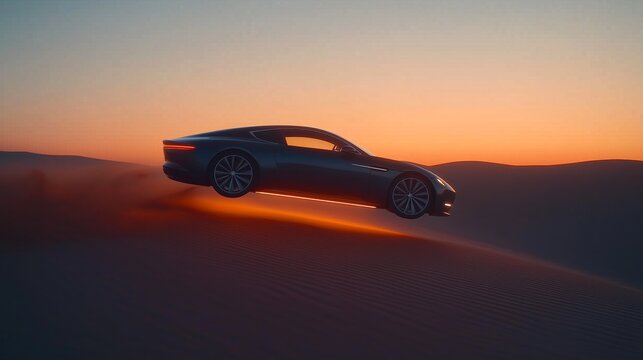 Car jumping over sand dunes at sunset, dramatic desert scene