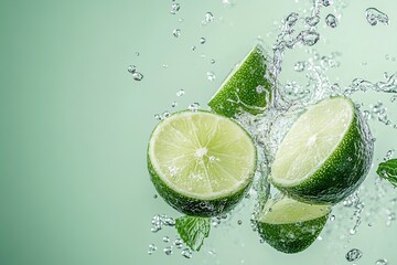 Lime pieces falling into water on green background