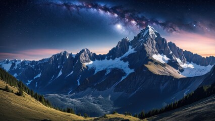 A breathtaking mountain landscape under a starry sky with the Milky Way visible.