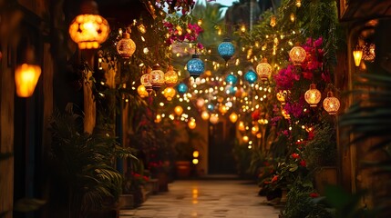 A captivating scene of a courtyard filled with glowing lamps and colorful decorations, embodying festive spirit