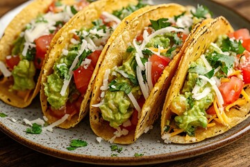 Vegetarian tacos with guacamole, cheese and tomatoes on a plate