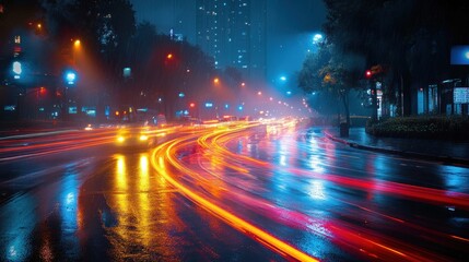 Obraz premium A long exposure shot of a rainy city street at night, with car lights streaking through the frame.