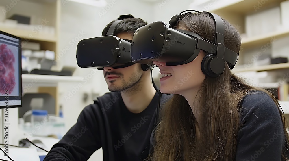 Poster an advanced biology lab using virtual reality to study the impact of genetic modifications on cellul