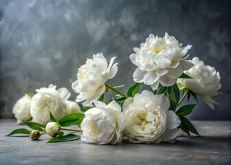 Obraz premium Elegant White Peony Flowers on Gray Table - Emotive Floral Photography