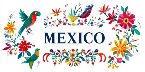  the text "MEXICO" with geometric shapes, flower and bird patterns, Set against a bright, solid background, this design showcases a colorful Mexican theme with bold black lines.