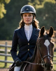Fototapete Rund Confident female equestrian rider in formal riding attire on horseback outdoors during training © KraPhoto