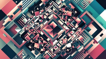 Geometric background with squares, triangles, circles. Shapes harmoniously interact, creating visually striking design for digital designs, presentations, website banners, social media posts