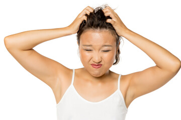Fototapeta premium Beautiful nervous Asian girl with itch on her scalp on white background