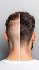 A split-screen of a scalp with visible thinning and hair loss on the left, and the same scalp on the right showing significantly thicker and fuller hair after treatment.