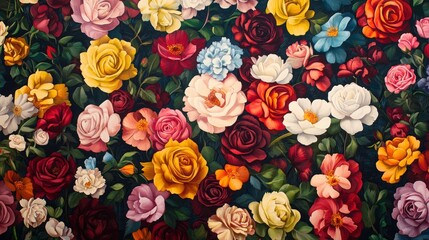 A vibrant and colorful floral pattern with a variety of roses, hydrangeas, and other flowers on a dark green background.