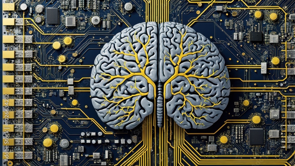 Poster a brain design integrated with a circuit board, symbolizing the fusion of technology and intelligenc