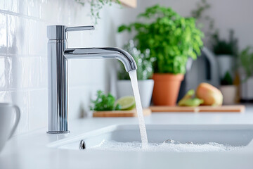 A stream of water flows from a tap in the kitchen