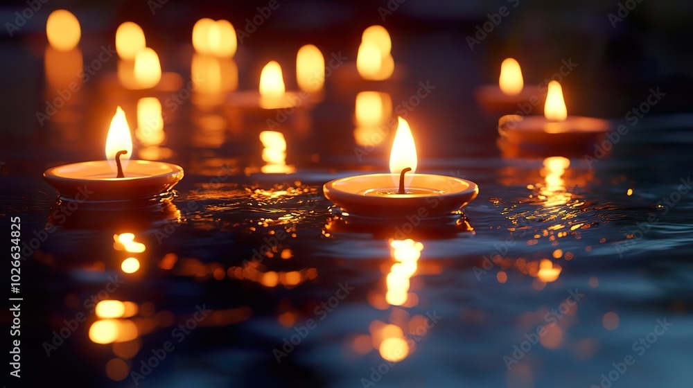 Poster a cluster of lit candles reflecting on a water surface, creating a serene and tranquil diwali settin