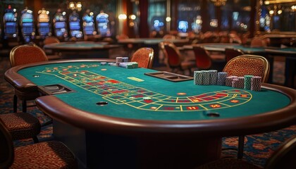 High stakes poker table ready for action in a luxurious casino setting at night