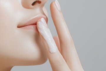 Naklejka premium Woman touching her face with a contour line on her cheek, symbolizing skin tightening or lifting treatment, soft and smooth skin texture