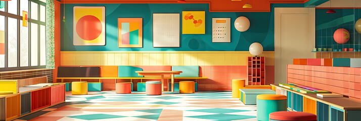 Fototapeta premium Retro Pop School: A fun, playful environment with bright patterns, modular furniture, and vintage-inspired posters.