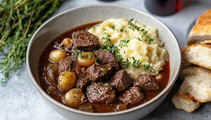 Delicious beef bourguignon served with creamy mashed potatoes and fresh herbs