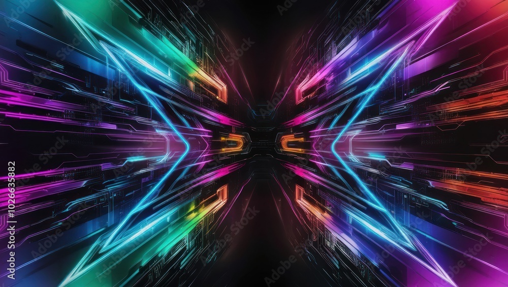 Poster vibrant neon light patterns creating a futuristic atmosphere in a dark environment