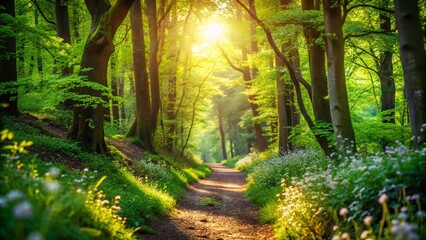 Fototapeta premium Enchanted Pathway Through a Lush Forest with Bokeh Effect for Nature Lovers