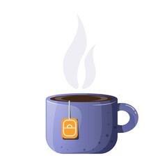 Blue cup with hot tea and steam. Blue mug for drinks with highlights and shadows. Kitchen element vector illustration. Ceramic tableware, kitchen, cafe concept, sticker, print