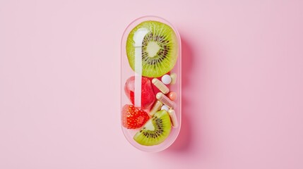 Fruit-filled capsule blending natural ingredients with vitamins, symbolizing holistic health through food and supplements, minimalistic design