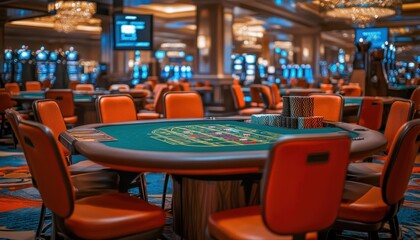 A busy casino blackjack table with winning hands displayed at night