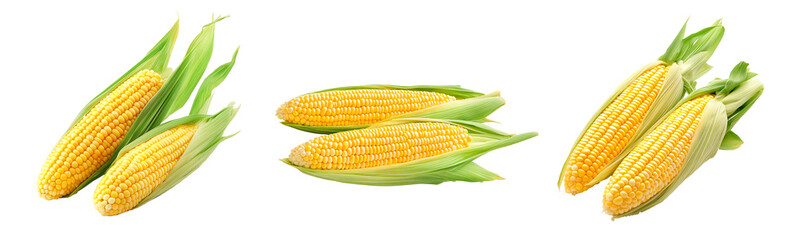 Obraz premium set Corn corncob with green leaves ripe vegetables PNG 
