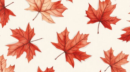Obraz premium Repeating pattern of maple leaves in vibrant red and orange on a pale yellow background, perfect for a fall-inspired look
