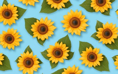 Obraz premium Repeating pattern of sunflowers with bold yellow petals and green leaves on a light blue background for a cheerful, natural vibe