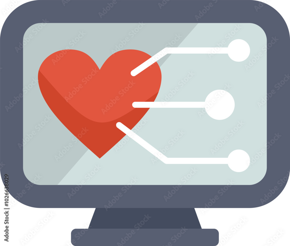 Poster computer screen showing a red heart connected to a circuit board, representing online dating and rel