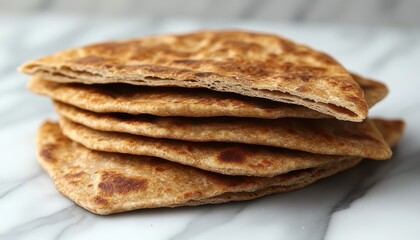 Fototapeta premium Healthy whole wheat pita bread stacked on a marble surface ready for meals