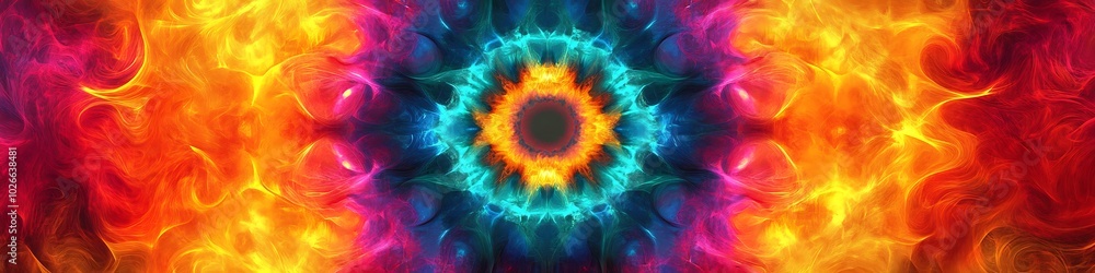 Poster a vibrant, abstract circular pattern with a large central area for text