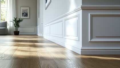 Fototapeta premium Cleaning baseboards for a dust-free and polished trim in a sunlit living room