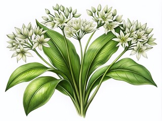 Engraved Style Ramsons Flower Illustration - Botanical Art of Wild Garlic with Buds and Leaves for Nature Lovers