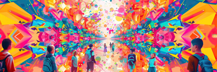 Fototapeta premium Electric Eclectic: An explosion of vibrant colors in a kaleidoscope pattern energizes this abstract school background, showcasing a diverse and inclusive learning community.