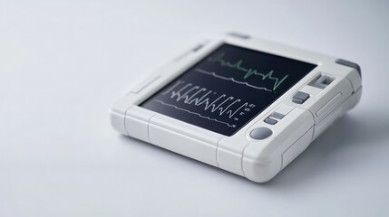 A close-up shot of a handheld electrocardiogram (ECG) monitor displaying a heart rhythm reading. The device is compact and user-friendly, ideal for quick health checks.