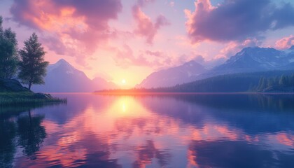 Stunning evening panorama of a serene lake with vibrant sunset reflections
