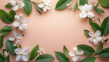 Fototapeta premium Delicate white flowers and lush green leaves in a geometric frame on pink backdrop