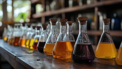 Colorful beakers and flasks filled with chemicals on a wooden table in a lab