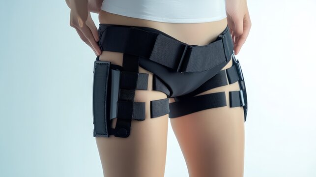 EMS Hip Toning Belt: Close-up shot of a woman wearing a black EMS hip toning belt. The device is designed to stimulate muscles and improve body shape.