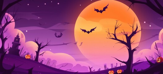 Fototapeta premium a Halloween background featuring a full moon, using a purple and yellow color scheme. The design includes silhouettes of spooky trees, haunted houses, and pumpkins in the corners