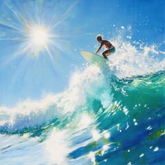 A surfer rides a wave on a bright sunny day.