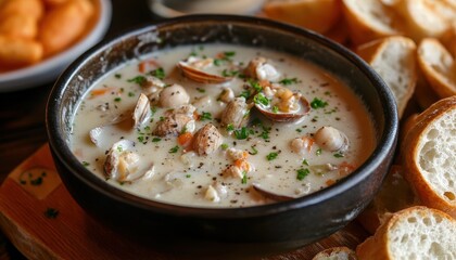 Creamy New England clam chowder served with fresh bread and a side of fried snacks