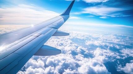 Fototapeta premium Airplane wing seen from the window, flying above the clouds.