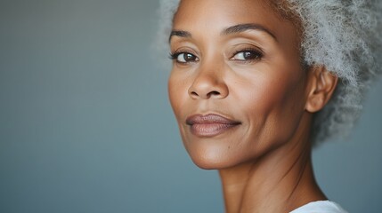Naklejka premium Elegant, elderly pensioner, chic African American woman with gray short hair, background, banner. Portrait of beautiful african american woman. Ethnic diversity. Poster, copy space