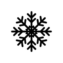 a black snowflake icon on a white background. The snowflake has a symmetrical design with six branches, each branch having smaller offshoots, giving it a classic snowflake appearance.