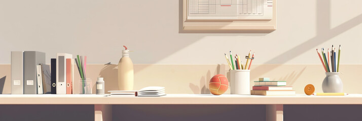 Neutral Nest for Knowledge: A minimalist school background in neutral tones of beige, gray, and white, showcasing a neatly arranged desk and a few essential school supplies.