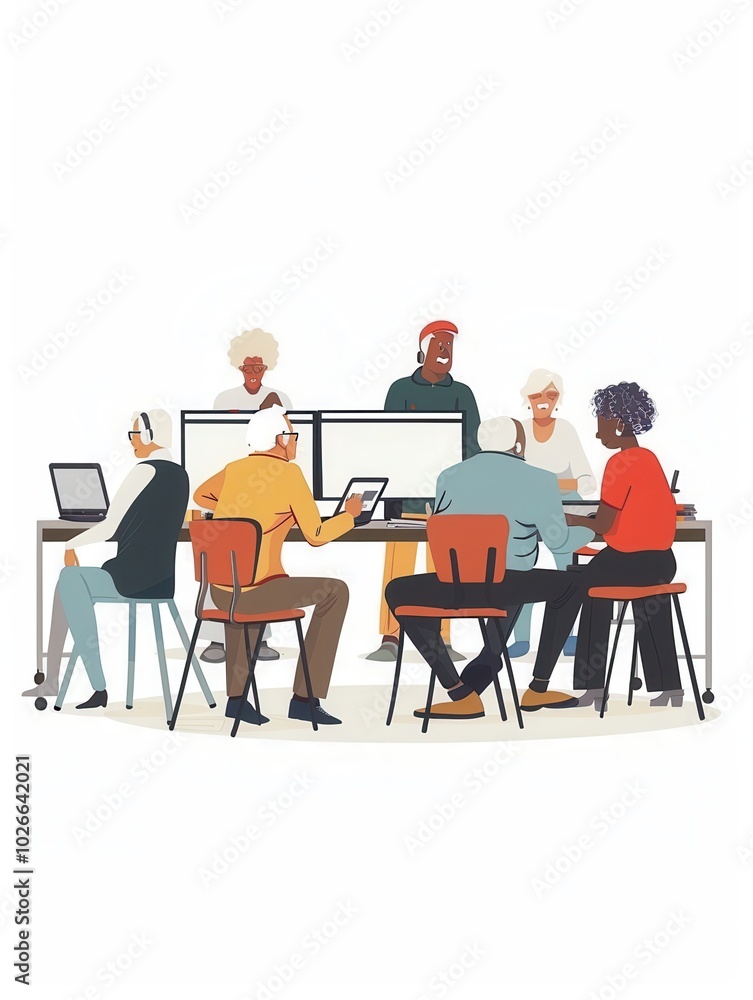 Poster a group of older adults actively participates in computer courses, mastering technology at a communi